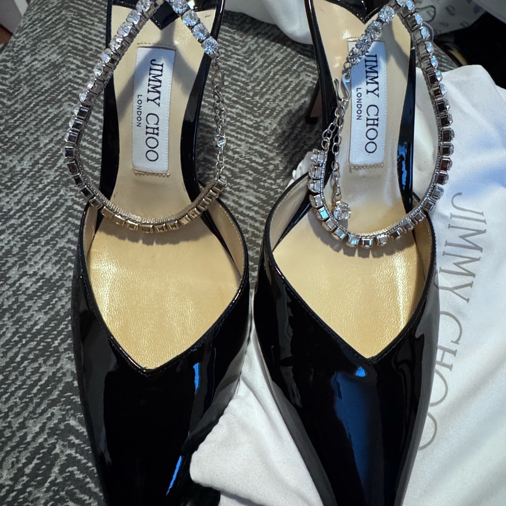 Jimmy Choo Black Patent Leather Heels with Crystal Embellishments